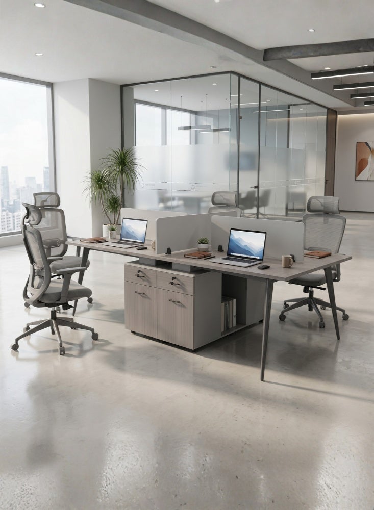 Karnak Swain 4 Person Face to Face Cluster Desk | Office Workstation Table with Privacy Screen & Storage Drawers (Grey) - Image 1