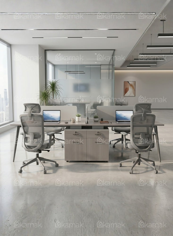 Karnak Swain 4 Person Face to Face Cluster Desk | Office Workstation Table with Privacy Screen & Storage Drawers (Grey) - Image 5