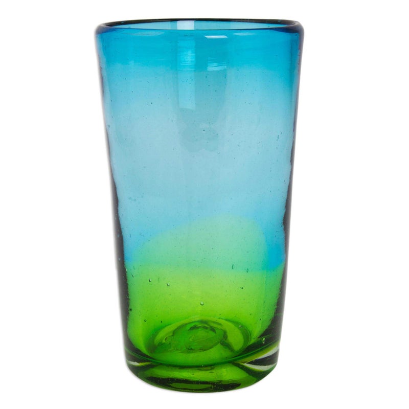 NOVICA NOVICA Hand Blown Recycled Glass Blue And Green Ombre Highball Glasses 15 Oz Aurora Tapatia Set Of 6 