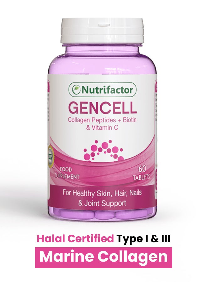 Gencell Super Collagen Supplement, Supports Gut Health, Healthy Hair, Glowing Skin, Strong Nails & Vital Joints, Hydrolyzed Grass Fed Marine Collagen Peptides Type 1 & 3 with Vitamin C - 60 Tablets