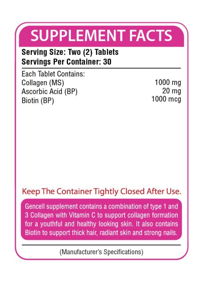 Nutrifactor - Gencell Super Collagen Supplement, Supports Gut Health, Healthy Hair, Glowing Skin, Strong Nails & Vital Joints, Hydrolyzed Grass Fed Marine Collagen Peptides Type 1 & 3 with Vitamin C - 60 Tablets - Image 1