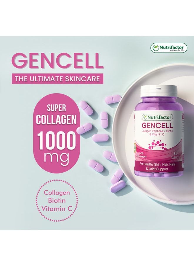 Nutrifactor - Gencell Super Collagen Supplement, Supports Gut Health, Healthy Hair, Glowing Skin, Strong Nails & Vital Joints, Hydrolyzed Grass Fed Marine Collagen Peptides Type 1 & 3 with Vitamin C - 60 Tablets - Image 1