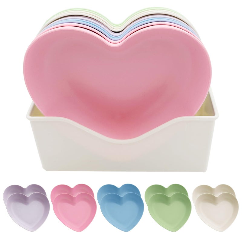 IIDEA 10pcs Multi-color Heart Shaped Plates with Tray, 5 x 5.5 Inch, Unbreakable Salad Dessert Snack Plates Appetizer Sauce Dish Dipping Snack Fruit Dessert Steak Serving for Dinner, Party, Valentine's Day - Image 1