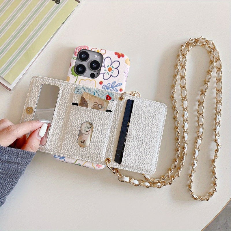 Faux Leather Phone Case With Floral Design Lanyard Mirror Card Slot For iPhone 14 Pro Mixed Color - Image 3