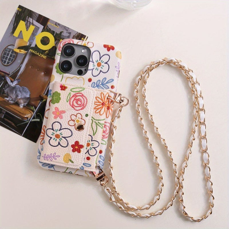 Faux Leather Phone Case With Floral Design Lanyard Mirror Card Slot For iPhone 14 Pro Mixed Color - Image 4