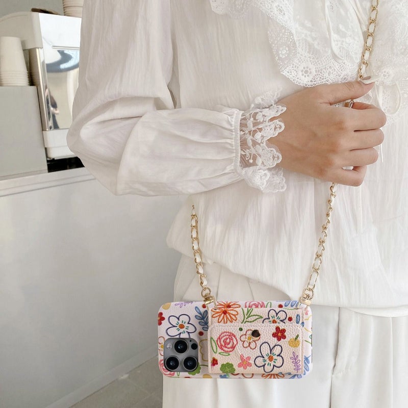 Faux Leather Phone Case With Floral Design Lanyard Mirror Card Slot For iPhone 14 Pro Mixed Color - Image 2