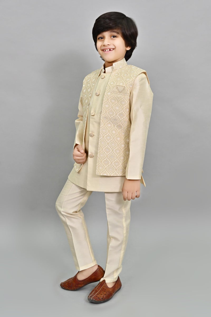AHHAAAA Kids Indian Ethnic Velvet Solid Waistcoat Silk Kurta Pyjama Set Bollywood Style Wedding Ethnic for Boys (Cream, 6-7 Years) - Image 4
