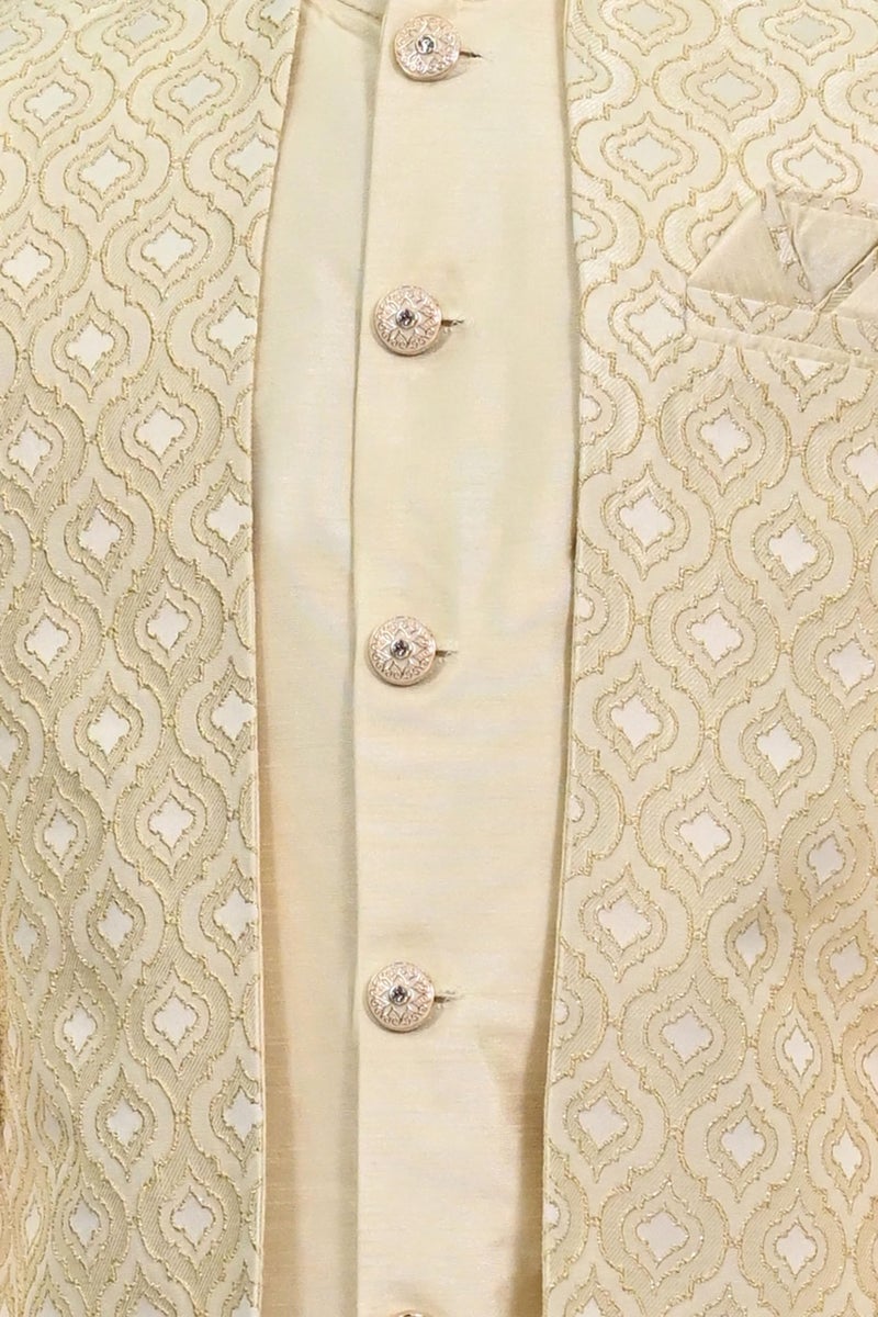AHHAAAA Kids Indian Ethnic Velvet Solid Waistcoat Silk Kurta Pyjama Set Bollywood Style Wedding Ethnic for Boys (Cream, 6-7 Years) - Image 5