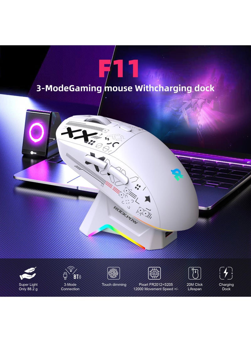 Rock Pow Tri-mode Bluetooth Wireless Gaming Mouse with Magnetic Charging Dock, Lightweight Anti Slip Mouse, High Speed Sensor,12000DPI, 1000Hz, BT/2.4Ghz/Wired Program buttons Ergonomic Design Rechargeable Mice for PC/Mac/Laptop,White - Image 2