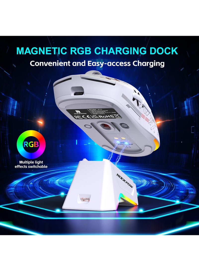 Rock Pow Tri-mode Bluetooth Wireless Gaming Mouse with Magnetic Charging Dock, Lightweight Anti Slip Mouse, High Speed Sensor,12000DPI, 1000Hz, BT/2.4Ghz/Wired Program buttons Ergonomic Design Rechargeable Mice for PC/Mac/Laptop,White - Image 5
