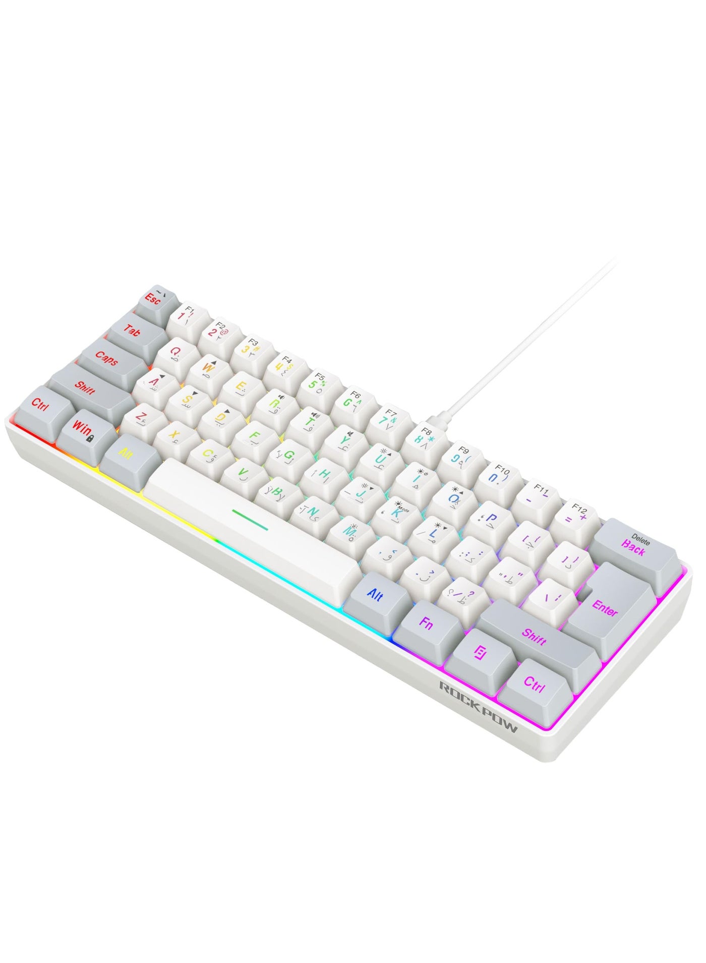 Rock Pow Arabic English 60% Wired Gaming Keyboard RGB Backlit Mini Keyboard Waterproof Small Ultra-Compact 61 Keys Keyboard for PC/Mac Gamer Typist Travel Easy to Carry on Business Trip