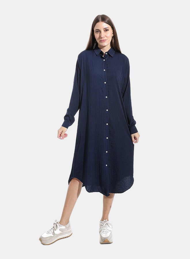 Andora Turned Down Neck Buttons Closure Plain Chemise_Navy Blue - Image 1