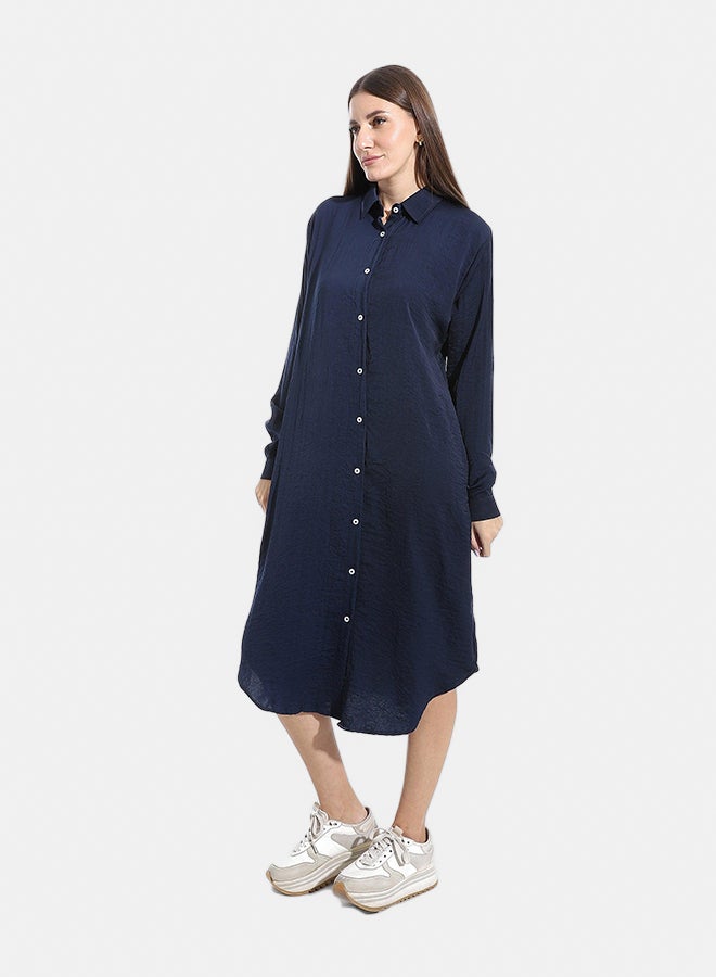 Andora Turned Down Neck Buttons Closure Plain Chemise_Navy Blue - Image 3