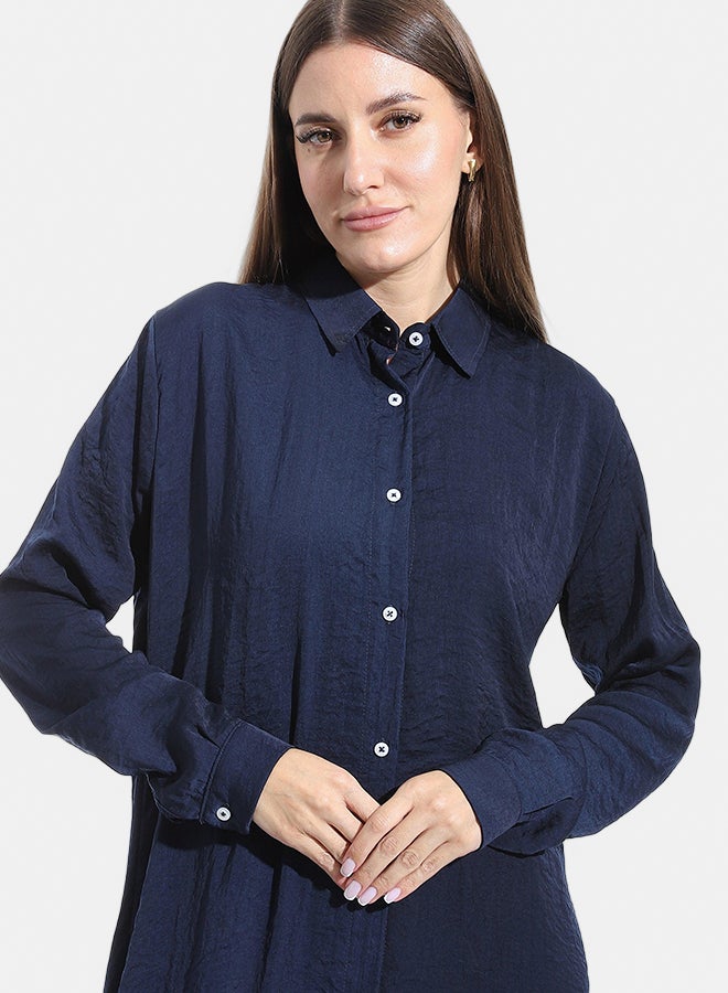 Andora Turned Down Neck Buttons Closure Plain Chemise_Navy Blue - Image 5
