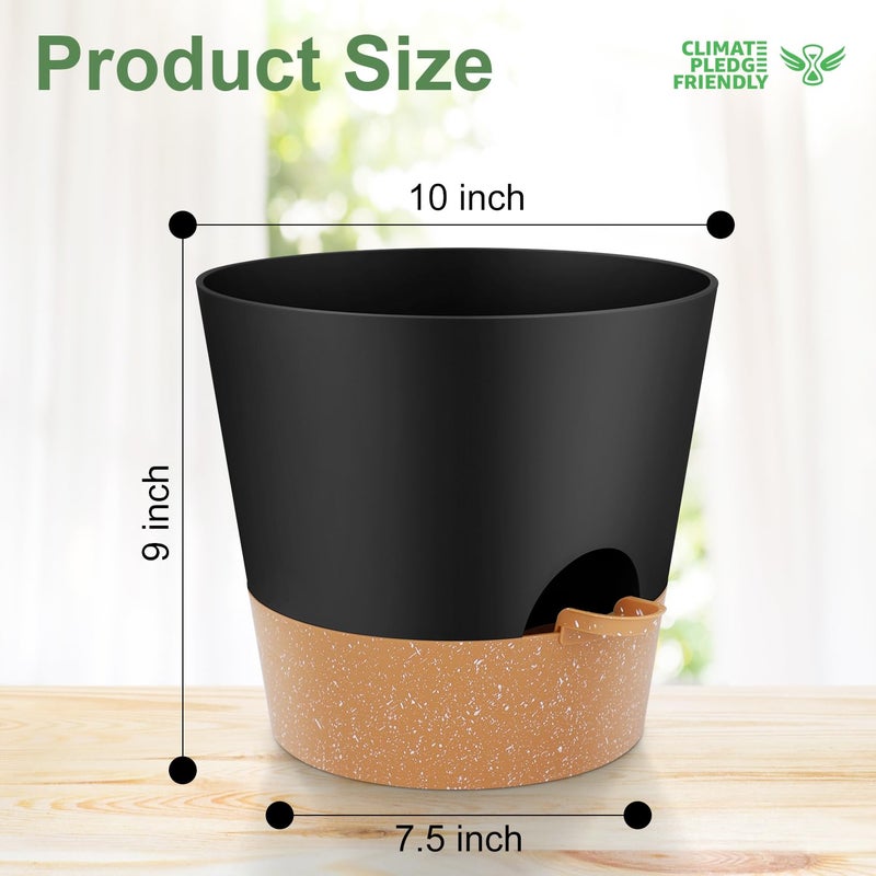 YNNICO 10-Inch Plant Pots, Self-Watering Planters with Drainage Holes & Saucers for Indoor and Outdoor Plants (2-Pack, Black) - Image 4