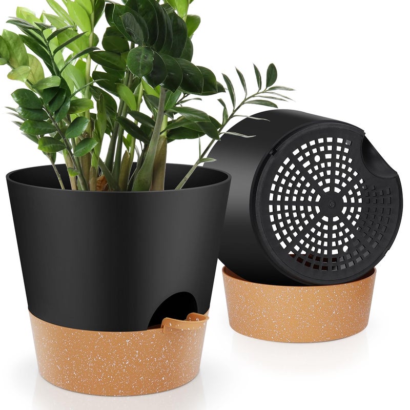 YNNICO 10-Inch Plant Pots, Self-Watering Planters with Drainage Holes & Saucers for Indoor and Outdoor Plants (2-Pack, Black) - Image 1