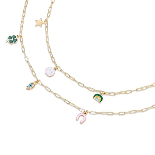 Lucky Feather 14K Gold Plated Dainty Charm Necklace for Women - Adjustable 16-18” Chain - Luck Inspired, Clover, Evil Eye and Horseshoe Charms - Sentimental Gifts for Women's Summer Jewelry - Image 4