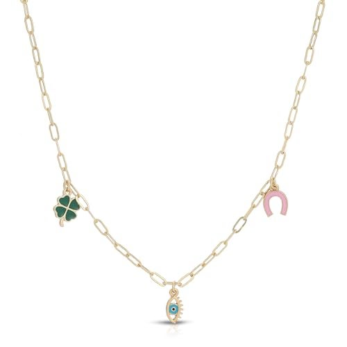 Lucky Feather 14K Gold Plated Dainty Charm Necklace for Women - Adjustable 16-18” Chain - Luck Inspired, Clover, Evil Eye and Horseshoe Charms - Sentimental Gifts for Women's Summer Jewelry - Image 2