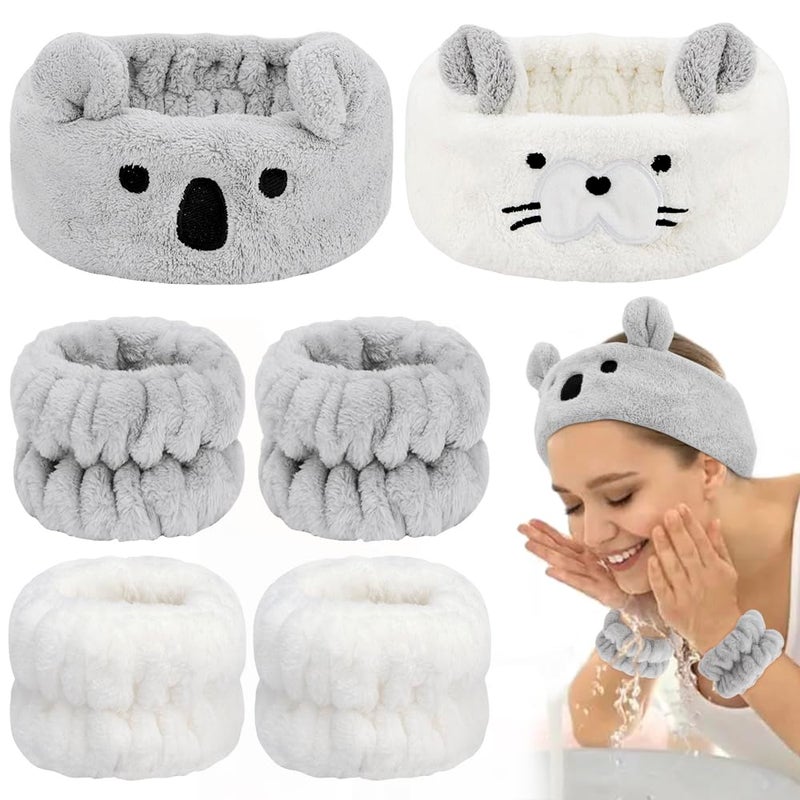 AHONEY Face Wash Headband and Wristband Set Cute Makeup Spa Skincare Headbands Wrist Bands for Washing Face Headband for Women Girls Elastic Animal Hair Band WhiteGrey