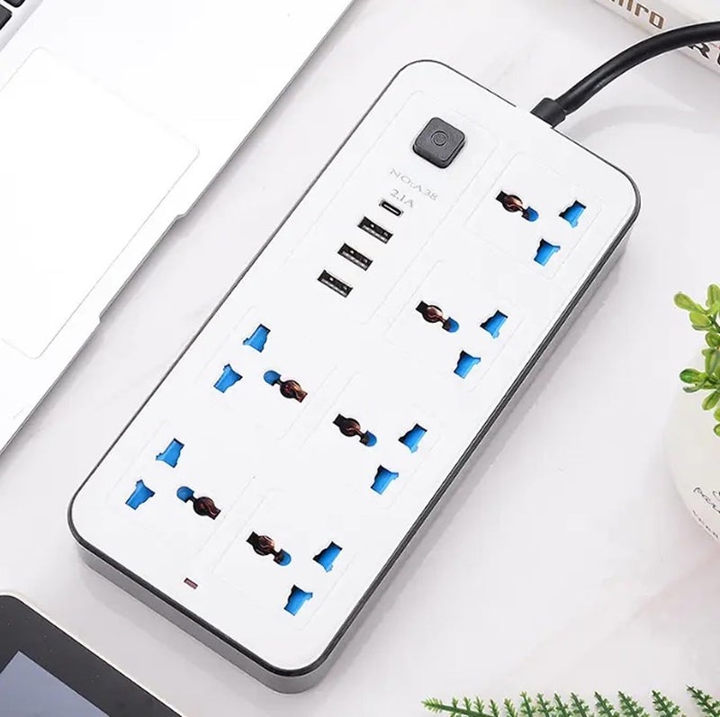 سبرينترز سوكيت تمديد عالمي من | كابل طوله 2 متر | 6 منافذ تيار متردد | 3 منافذ USB | منفذ USB-C | منفذ بقابس بريطاني ثلاثي الأطراف | شريط طاقة مزود بحماية من الصدمات الكهربائية للاستخدام في المنزل والمكتب والأجهزة الإلكترونية (لون أبيض) - Image 1