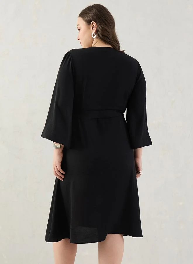 Femmella Femmella Black Wrap Front Knee Length Dress