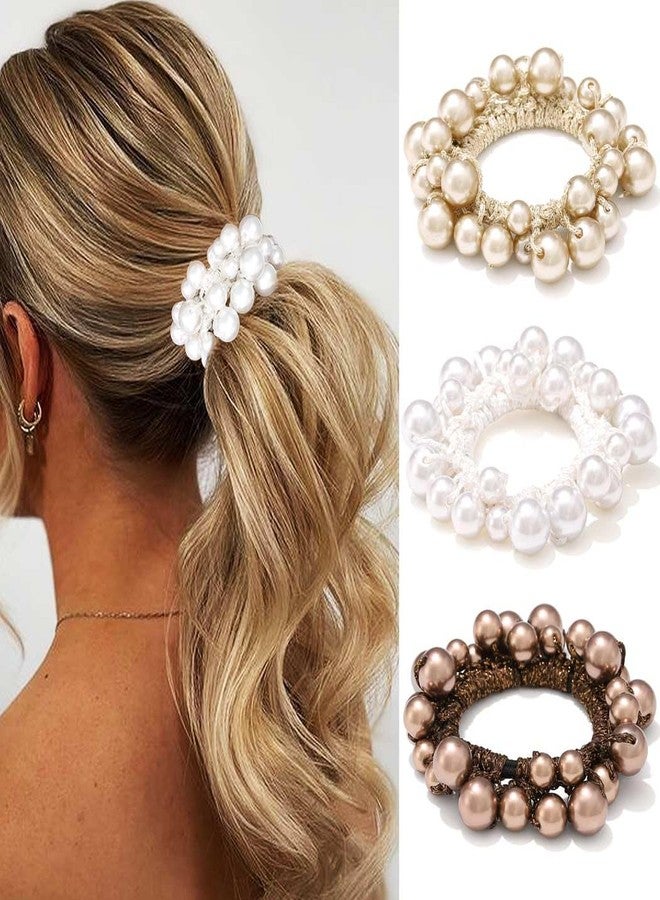 CAKURE Pearl Hair Ties Beaded Ponytail Holder Fancy Hair Scrunchies Pearl Hair Accessories for Women (Pack of 3) - Image 1