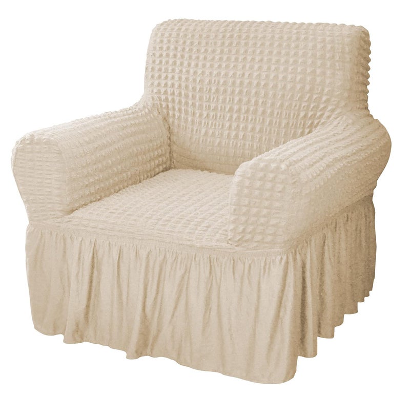 House of Quirk Turkish Bubble Frill 280 GSM Sofa Slipcovers, Durable Washable Universal Single Seater High Elastic Furniture Protector (Light Brown, 90-145cm) - Image 1