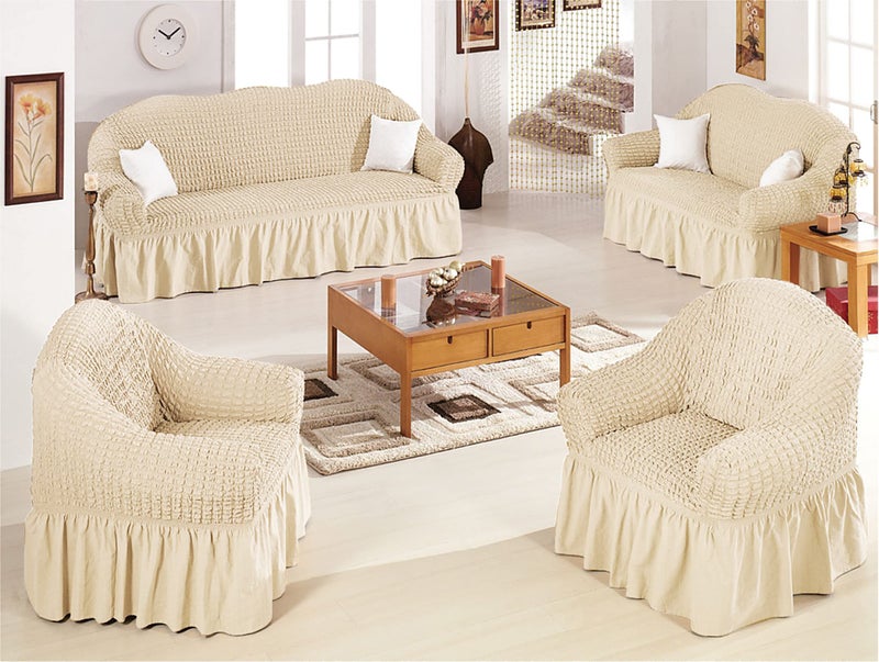 House of Quirk Turkish Bubble Frill 280 GSM Sofa Slipcovers, Durable Washable Universal Single Seater High Elastic Furniture Protector (Light Brown, 90-145cm) - Image 2
