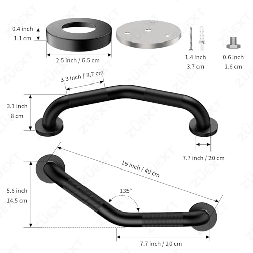 ZUEXT 16 Inch Angled Grab Bar 2 Pack ZUEXT Anti Slip Black Shower Grab Bar Handles Stainless Steel Knurled Bathroom Balance Bar Safety Hand Rail SupportHandicap Elderly Injury Senior Assist Bath Handle - Image 3