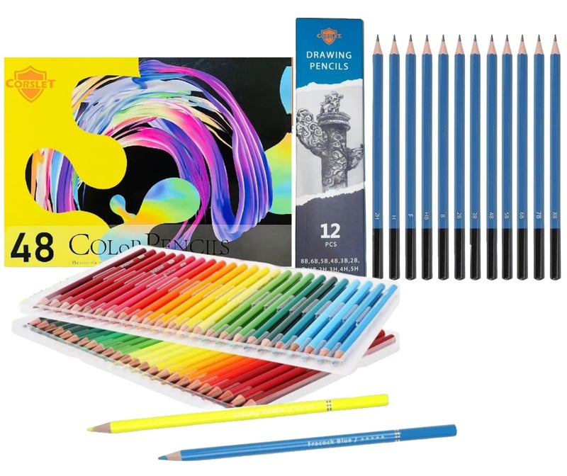 Corslet Set of 60 Pcs Drawing Kit 48 Pcs Colour Pencil Set Pencil Colour & 12 Pcs Drawing Pencil Set Art Supplies for Artist Sketch Shading Graphite Pencils Set Sketch Kit for Sketching and Shading - Image 1
