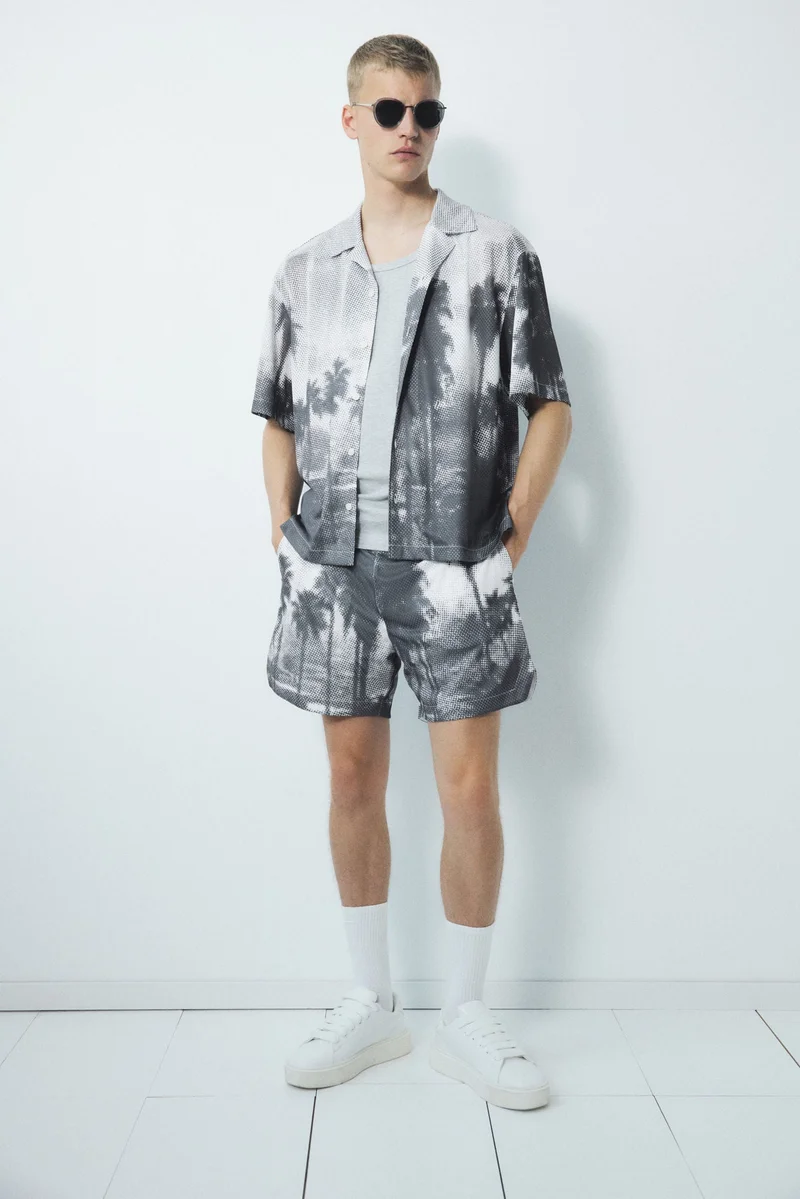 H&M 001-11-106-White Dusty Light Regular Fit Printed mesh shorts for Men | Best Price UAE