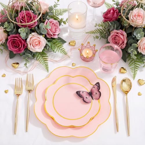 ejonirinjonir EI 180pcs Pink Plastic Plates with Gold Plastic Silverware,Heavy-Duty Disposable Plates for Party,White Dinnerware Set for 30 Guest Wedding,Birthday,Valentine's Day - Image 2