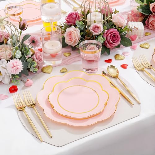 ejonirinjonir EI 180pcs Pink Plastic Plates with Gold Plastic Silverware,Heavy-Duty Disposable Plates for Party,White Dinnerware Set for 30 Guest Wedding,Birthday,Valentine's Day - Image 4
