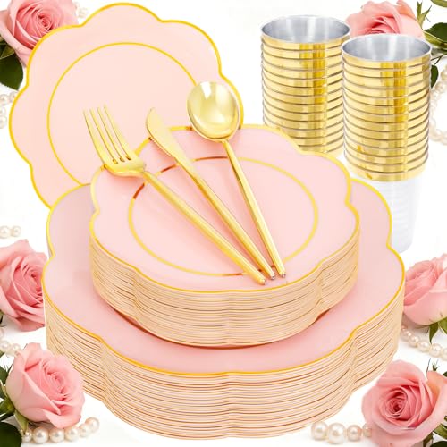 ejonirinjonir EI 180pcs Pink Plastic Plates with Gold Plastic Silverware,Heavy-Duty Disposable Plates for Party,White Dinnerware Set for 30 Guest Wedding,Birthday,Valentine's Day - Image 1