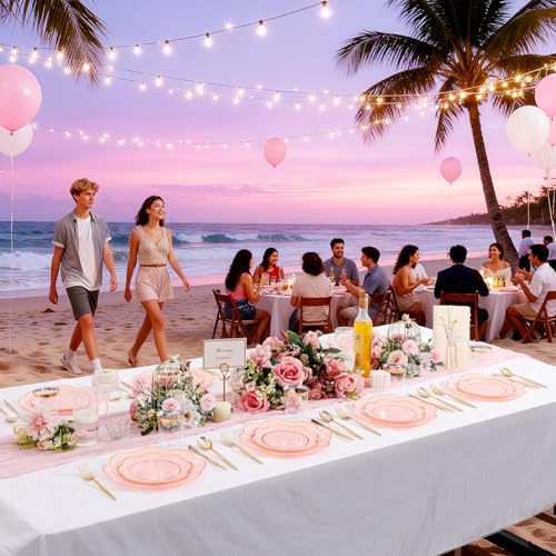 ejonirinjonir EI 180pcs Pink Plastic Plates with Gold Plastic Silverware,Heavy-Duty Disposable Plates for Party,White Dinnerware Set for 30 Guest Wedding,Birthday,Valentine's Day - Image 3