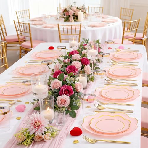 ejonirinjonir EI 180pcs Pink Plastic Plates with Gold Plastic Silverware,Heavy-Duty Disposable Plates for Party,White Dinnerware Set for 30 Guest Wedding,Birthday,Valentine's Day - Image 5