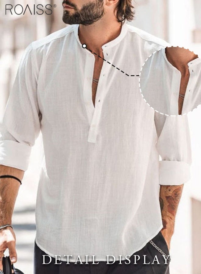 roaiss Mens Button up Shirts Long Sleeve Linen Beach Casual Cotton Summer Lightweight Tops Solid Color Loose Single Breasted Stand Collar Daily Casual and Versatile Wear - Image 2
