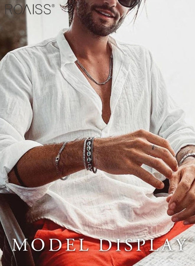 roaiss Mens Button up Shirts Long Sleeve Linen Beach Casual Cotton Summer Lightweight Tops Solid Color Loose Single Breasted Stand Collar Daily Casual and Versatile Wear - Image 3