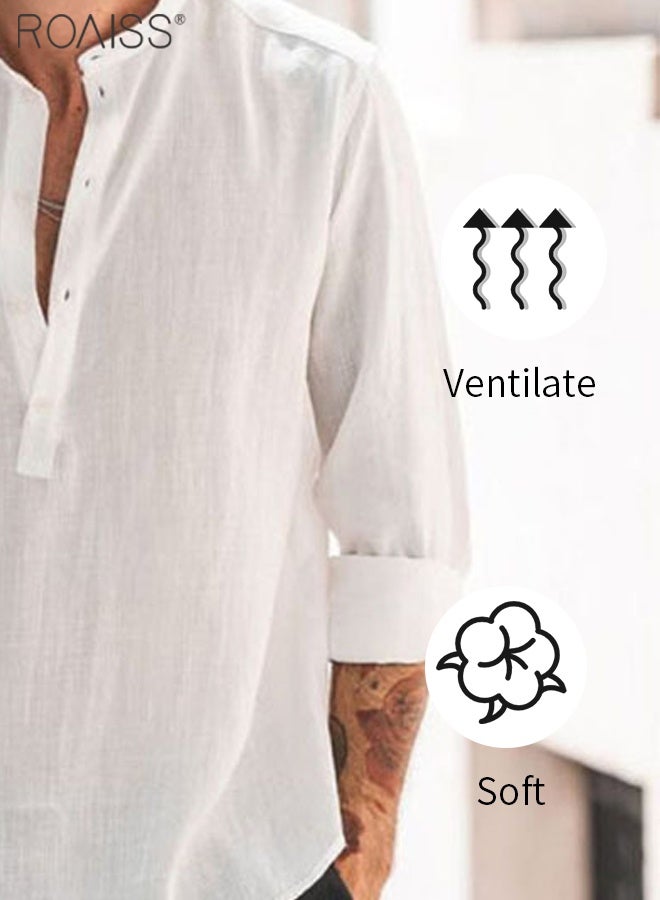 roaiss Mens Button up Shirts Long Sleeve Linen Beach Casual Cotton Summer Lightweight Tops Solid Color Loose Single Breasted Stand Collar Daily Casual and Versatile Wear - Image 4