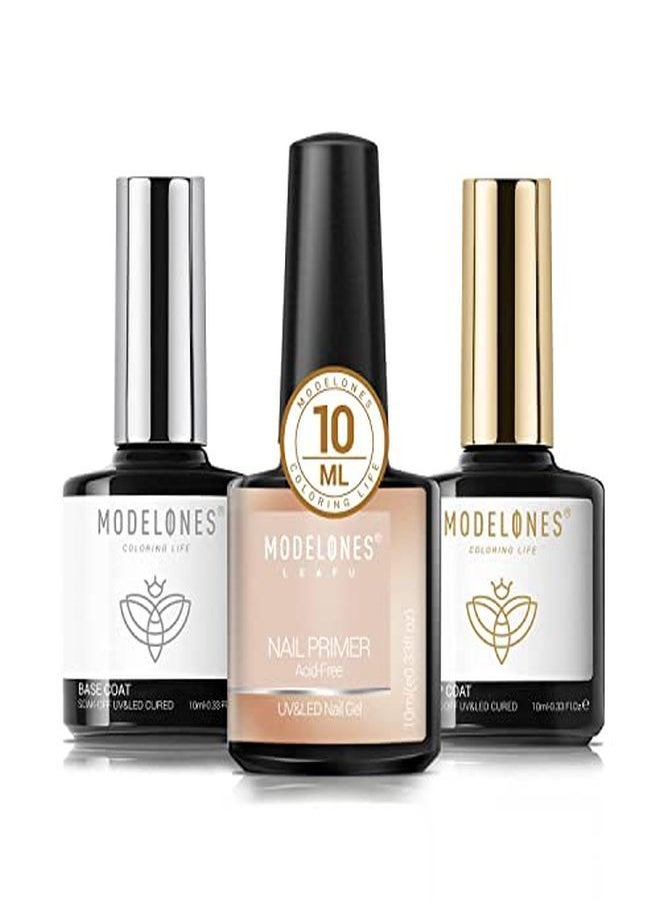 modelones - Gel Top Coat And Base Coat With Nail Primer 3Pcs No Wipe Base And Top Coat Gel Nail Polish Nail Bond Primer 10Ml New Upgraded Formula Longlasting Gel Nail Kit - Image 1