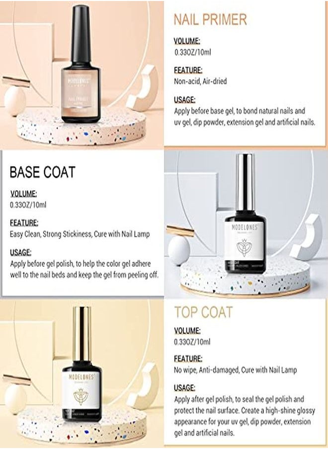 modelones - Gel Top Coat And Base Coat With Nail Primer 3Pcs No Wipe Base And Top Coat Gel Nail Polish Nail Bond Primer 10Ml New Upgraded Formula Longlasting Gel Nail Kit - Image 1