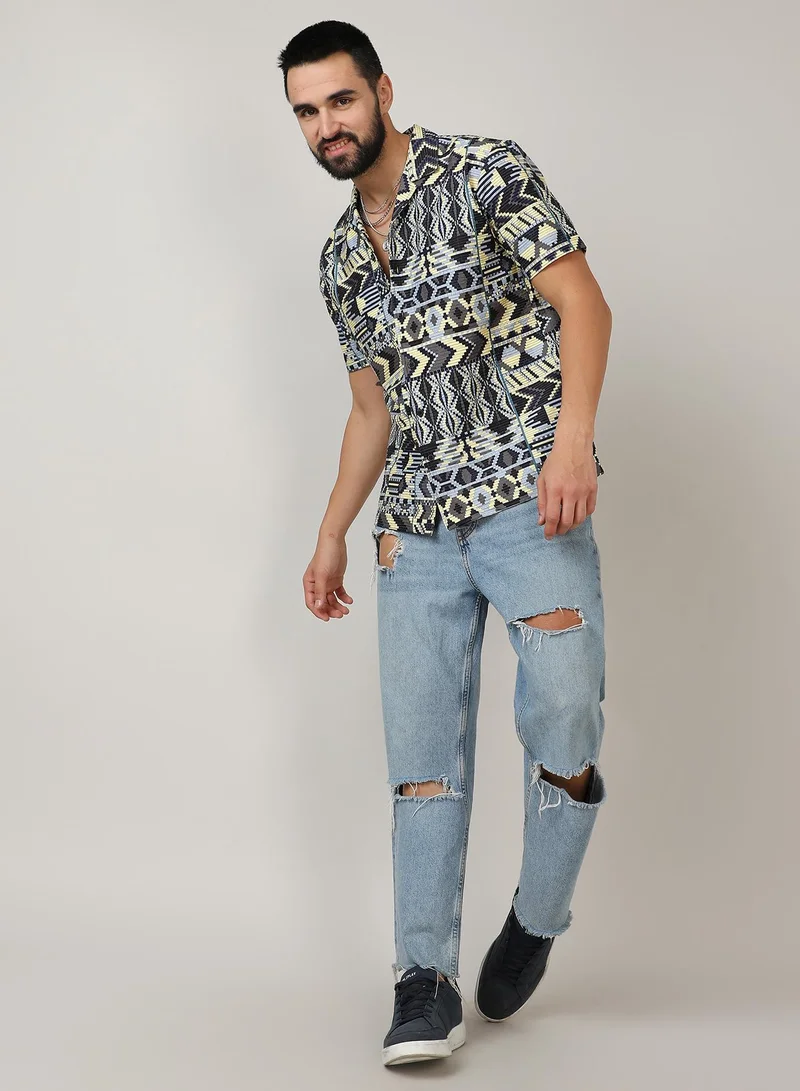 CAHOOT  Men's Sky Blue & Lemon Yellow Bohemian Shirt for Men | Best Price UAE