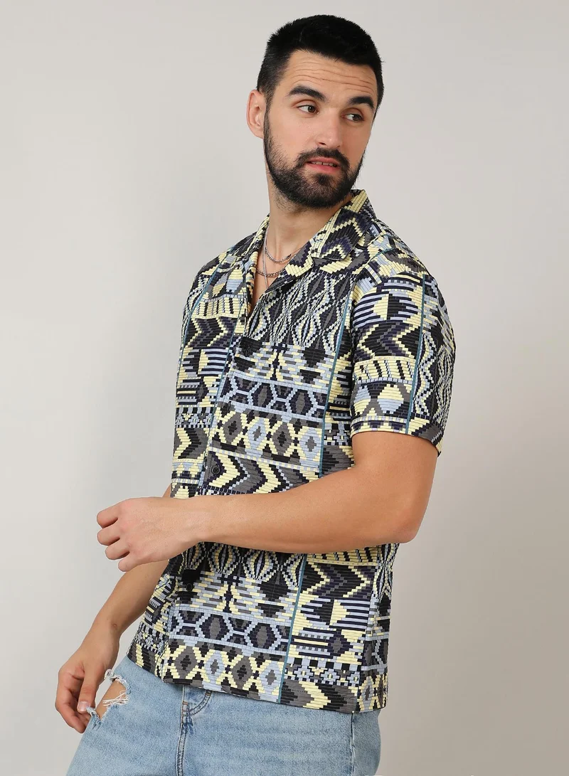 CAHOOT  Men's Sky Blue & Lemon Yellow Bohemian Shirt for Men | Best Price UAE