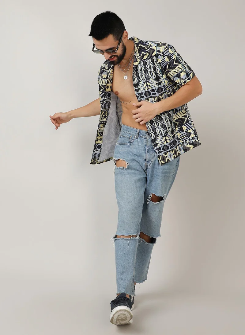 CAHOOT  Men's Sky Blue & Lemon Yellow Bohemian Shirt for Men | Best Price UAE