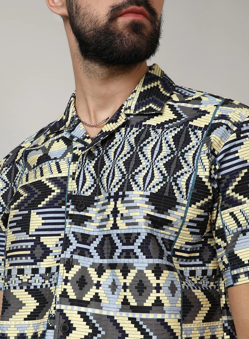 CAHOOT  Men's Sky Blue & Lemon Yellow Bohemian Shirt for Men | Best Price UAE