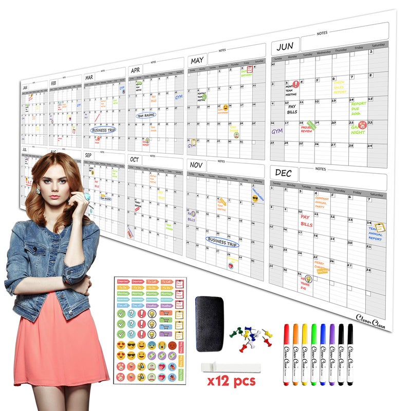 CLEVER CLEAN Large Dry Erase Wall Calendar - 36"x96" 12-month 2026 Undated Yearly Calendar for Home, Office, School Projects - Jumbo Reusable Laminated Task Organizer - Image 1