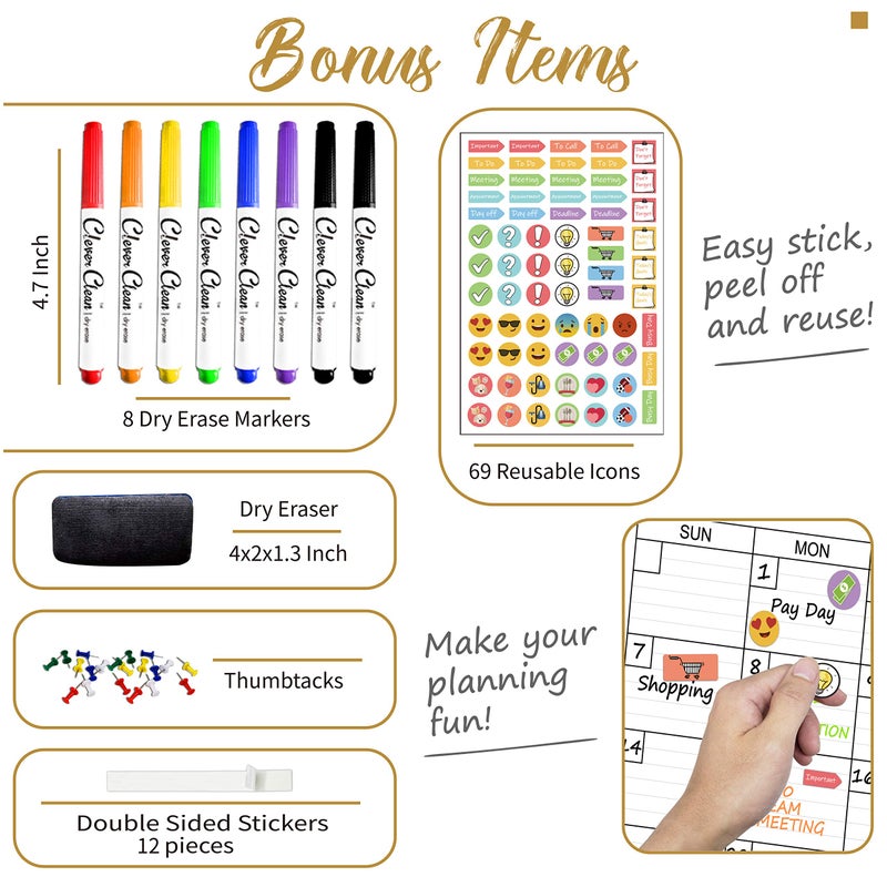 CLEVER CLEAN Large Dry Erase Wall Calendar - 36"x96" 12-month 2026 Undated Yearly Calendar for Home, Office, School Projects - Jumbo Reusable Laminated Task Organizer - Image 3