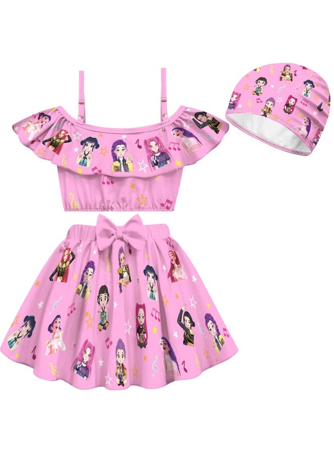 KPop Demon Hunters K-POP Demon Hunter Group Swimsuit Set with Swim Cap Printed Bathing Suit Stretch Quick Dry Swimwear Multiple Sizes for Summer Beach Pool - Image 1