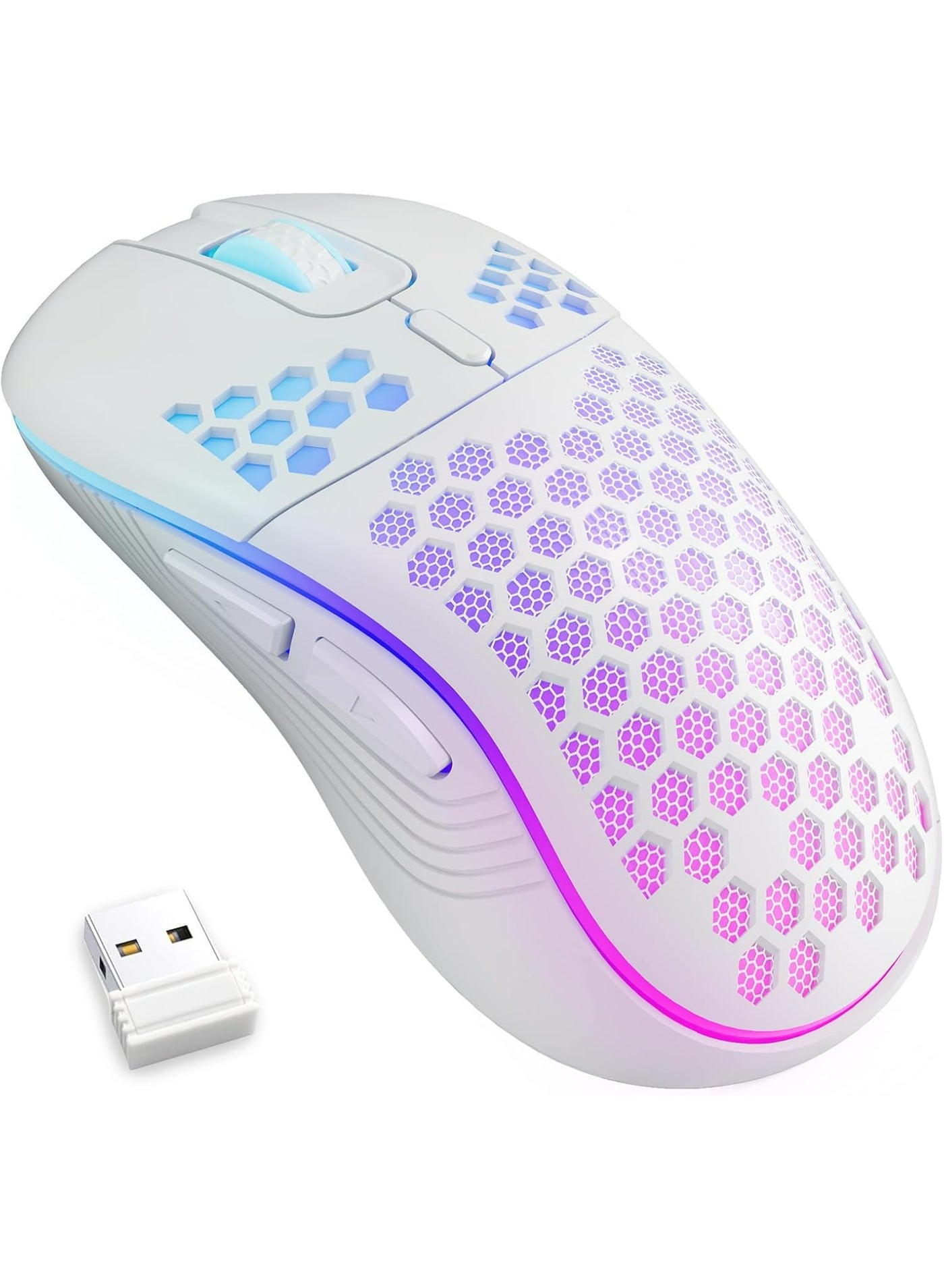 Wireless Gaming Mouse Honeycomb 2.4G USB Cordless Mouse RGB Rechargeable PC Game Mice with 7-Color LED Lights,3 Adjustable DPI for Windows Laptop Desktop Computers 