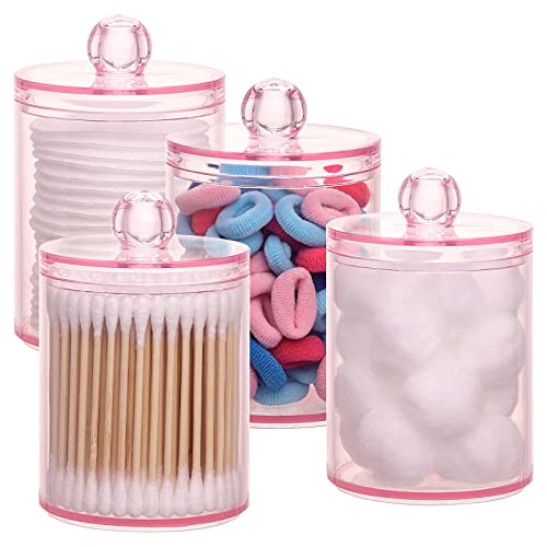Tbestmax 4 pcs Qtips Holder Bathroom Container, 10 OZ Apothecary Jar, Pink Cotton Ball/Swabs Dispenser Organizer for Storage - Image 1